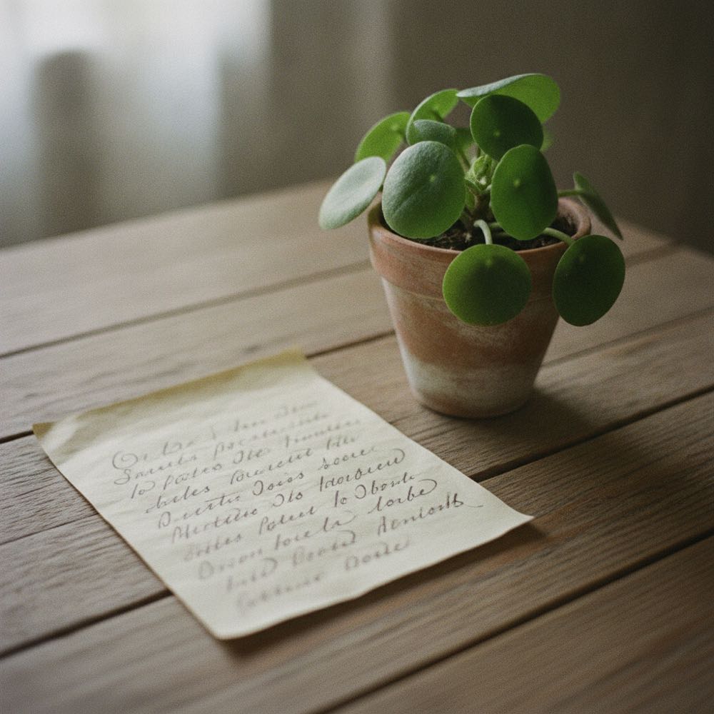 A handwritten note on a wooden table beside a small plant